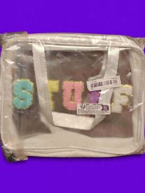 Clear Tote Bag with Multicolor Chenille Letters and White Trim